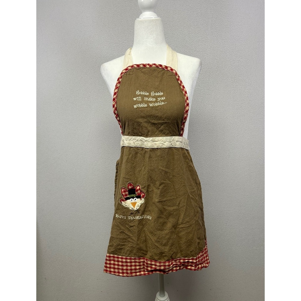 Thanksgiving Tradwife Women OS Brown Turkey Embroidered Gingham Trim Apron